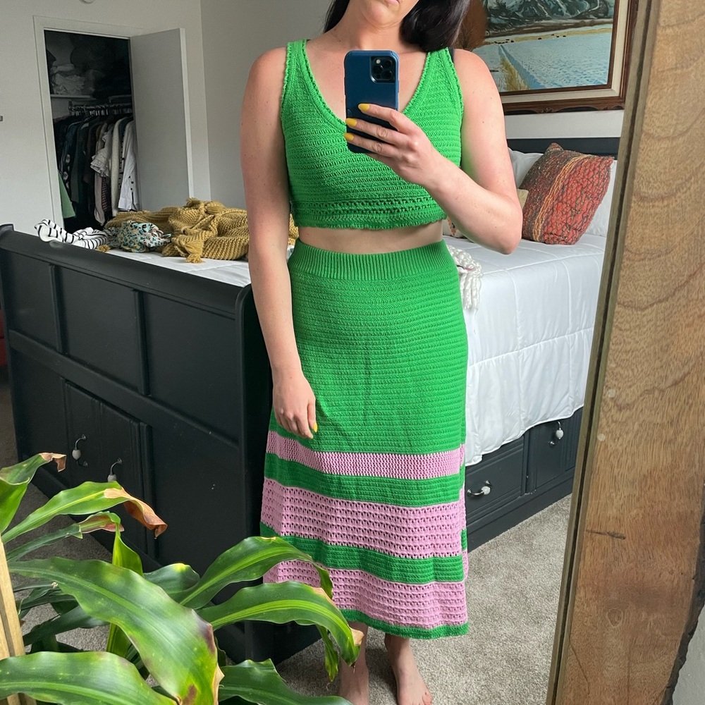 Scoop Green Crochet Skirt and Crop Set - Green/Pink - Women’s Size L